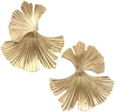 Pair of ribbed gold ginkgo leaf statement earrings on white background