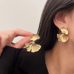 Exaggerated Ginkgo Biloba Dangle Earrings, Large Shiny Gold Leaf Earrings