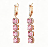 Rose gold pink cushion cut halo leverback drop earrings, front view on white background