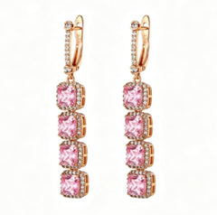 Rose gold pink cushion cut halo leverback drop earrings, front view on white background