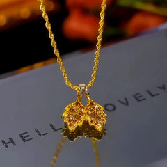 14K Gold-Plated Brown Zircon Diamond Double Leaf Pendant Necklace - beautiful Leaf Pendant Necklace