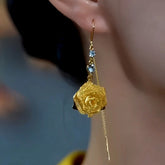 14K Gold-Plated Elegant Zircon Rose Threader Tassel Earrings - elegant Rose Threader Earrings