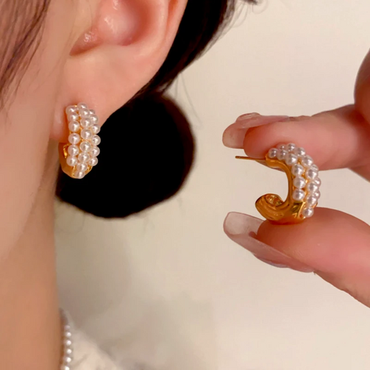 14K Gold-Plated Elegant Pearl C-Shaped Earrings - elegant Pearl C-Shaped Earrings