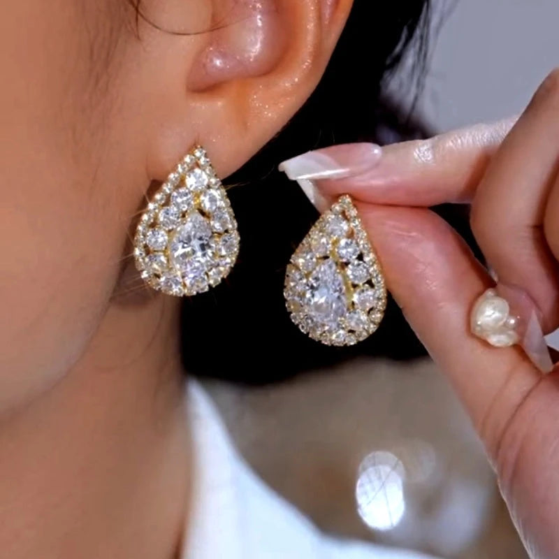 14K Gold-Plated Elegant Zircon Diamond Water Drop Earrings - elegant Water Drop Earrings