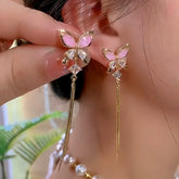 14K Gold-Plated Zircon Butterfly Tassel Earrings - elegant Pink Tassel Earrings