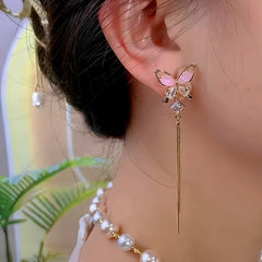 Close-up detail of the sparkling zircons and plating on the Pink Tassel Earrings