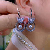 14K Gold-Plated Zircon Butterfly Pearl Ear Hook Earrings - elegant Pearl Ear Hooks