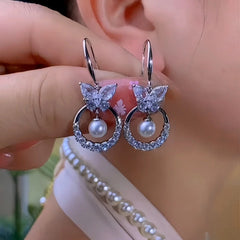 14K Gold-Plated Zircon Butterfly Pearl Ear Hook Earrings - elegant Pearl Ear Hooks