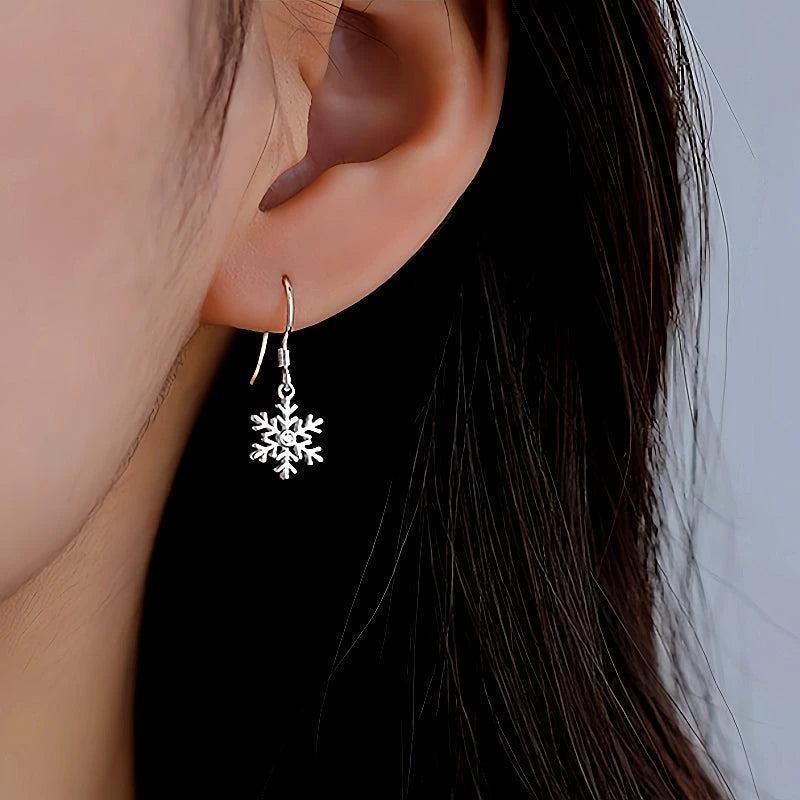 Sterling Silver Christmas Diamond Snowflake Ear Hook Earrings - elegant Snowflake Ear Hooks