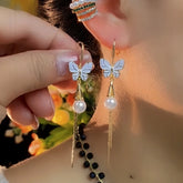 14K Gold-Pated Butterfly Pearl Ear Hooks - elegant gold butterfly earrings