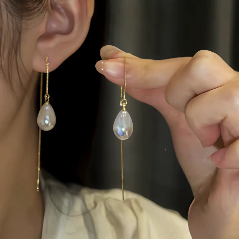 14K Gold-Pated Water Drop Pearl Threader Earrings - elegant gold threader earrings