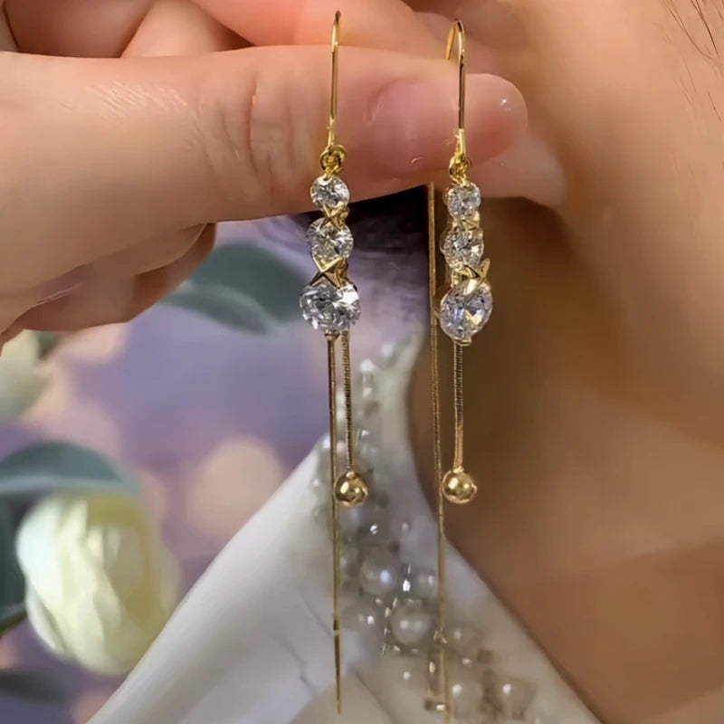 14K Gold-Pated Zircon Ball Threader Tassel Earrings - elegant gold threader earrings