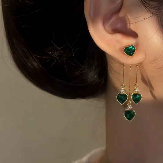 14K Gold-Pated Zircon Green Heart Tassel Earrings - elegant green heart earrings
