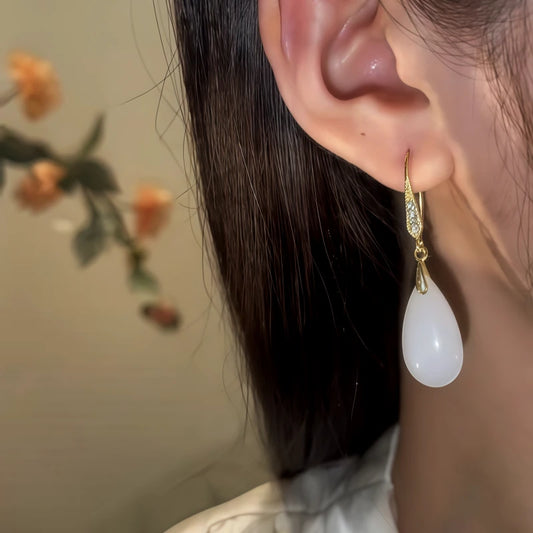14K Gold-Pated Zircon White Jade Drop Earrings - elegant gold drop earrings