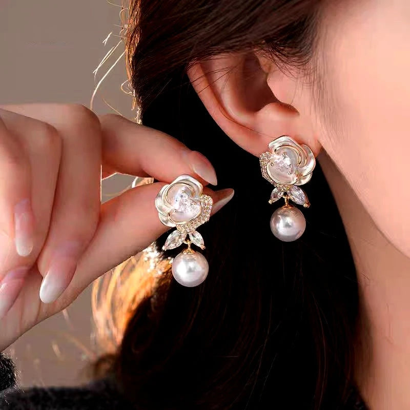 14K Gold-Plated 2025 Elegant French Drip Glaze Camellia Pearl Earrings - elegant gold flower earrings