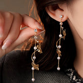14K Gold-Plated 2025 Elegant Zircon Butterfly Pearl Tassel Earrings - elegant gold butterfly earrings