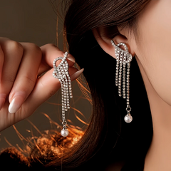 14K Gold-Plated 2025 Elegant Zircon Diamond Knotted Pearl Tassel Earrings - elegant gold pearl earrings