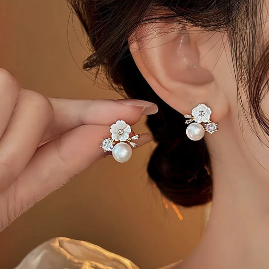14K Gold-Plated 2025 Elegant Zircon Flower Pearl Earrings - elegant gold flower earrings
