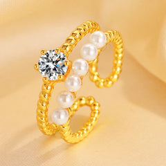 14K Gold-Plated Adjustable Zircon Diamond Pearl Rings worn on the hand to show its beautiful fit and design