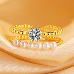 14K Gold-Plated Adjustable Zircon Diamond Pearl Rings - stunning gold pearl ring