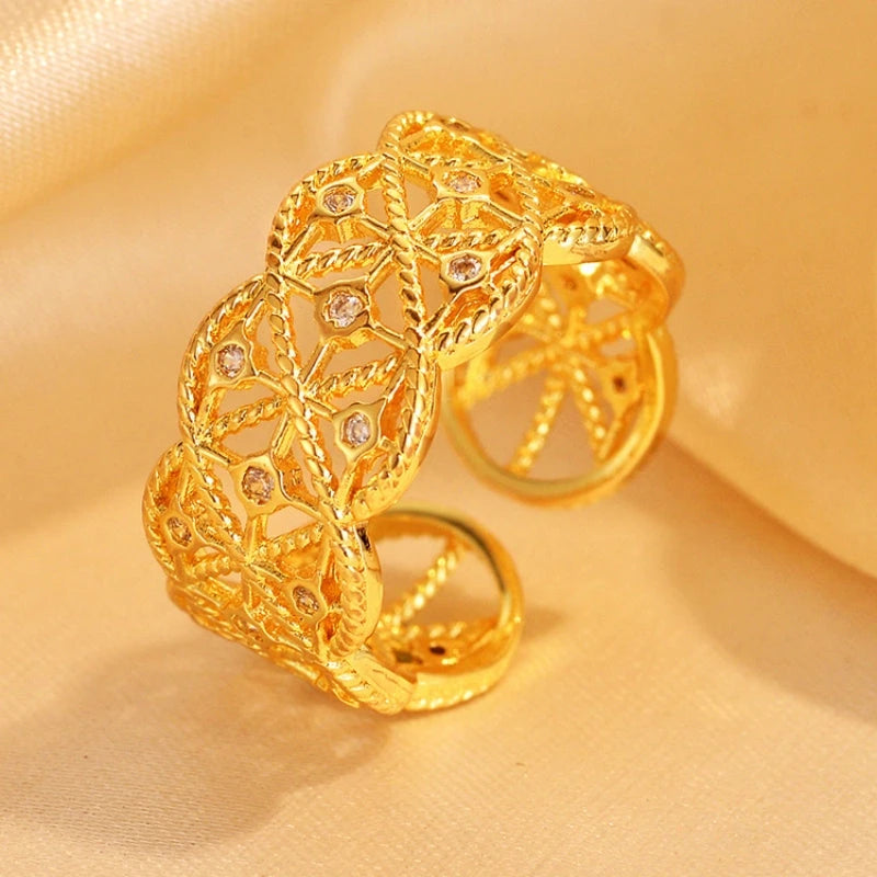 14K Gold-Plated Adjustable Zircon Diamond Wide Rrings - stunning gold statement ring