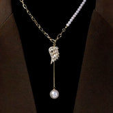 14K Gold-Plated Angel Wing Zircon Pearl Tassel Sweater Necklace - beautiful angel wing necklace