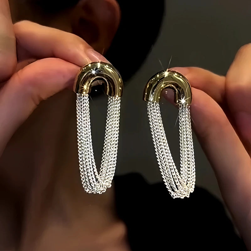 14K Gold-Plated Arc Chain Tassel Earrings - elegant gold tassel earrings