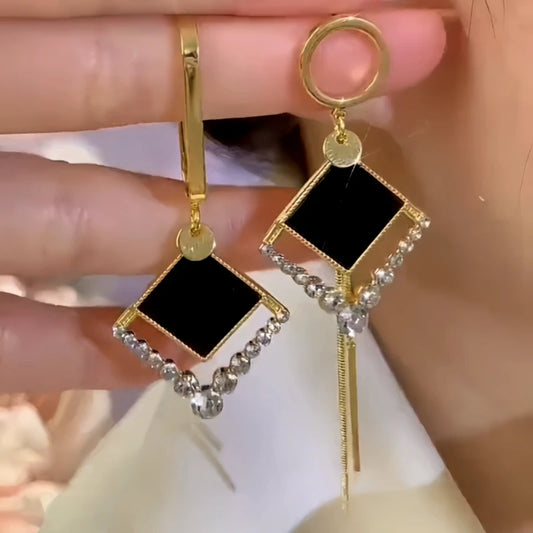 14K Gold-Plated Asymmetrical Geometric Diamond Tassel Earrings - elegant gold tassel earrings