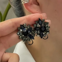 14K Gold-Plated Balck Diamond Flower Stud Earrings - elegant gold flower earrings