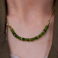 14K Gold-Plated Bamboo Necklace worn to showcase its length and pendant detail