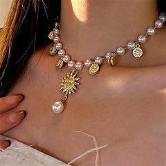 14K Gold-Plated Beaded Sunflower Personality Necklace worn to showcase its length and pendant detail