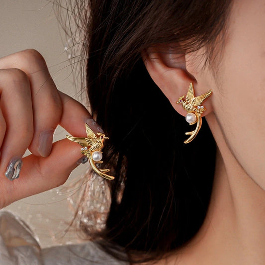 14K Gold-Plated Bird Pearl Stud Earrings - elegant gold pearl earrings