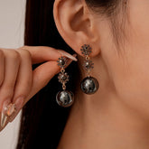 14K Gold-Plated Black Diamond Flower Ball Earrings - elegant gold drop earrings