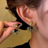 14K Gold-Plated Black Diamond Ginkgo Leaf Pendant Tassel Earrings - elegant Ginkgo Leaf Earrings