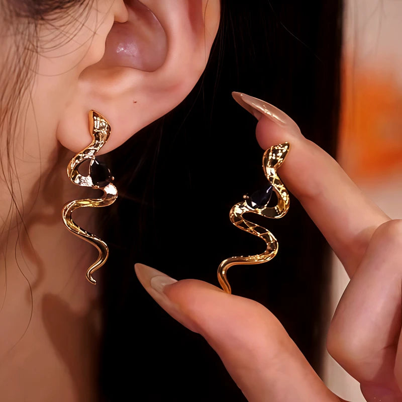 14K Gold-Plated Black Diamond Snake Earrings - elegant Snake Earrings