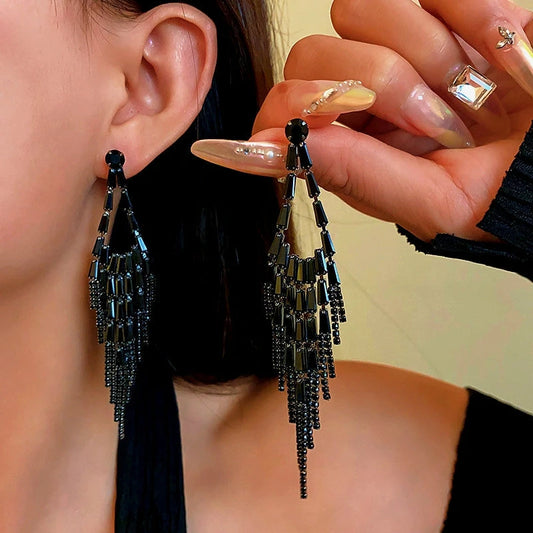 14K Gold-Plated Black Diamond Tassel Earrings - elegant Black Tassel Earrings