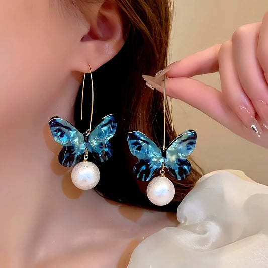 14K Gold-Plated Blue Butterfly Pearl Pendant Ear Hook Earrings - elegant Butterfly Ear Hook