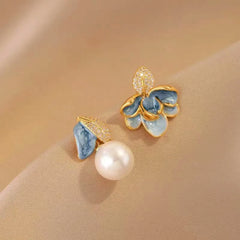 14K Gold-Plated Blue Camellia Pearl Earrings - elegant Camellia Pearl Earrings