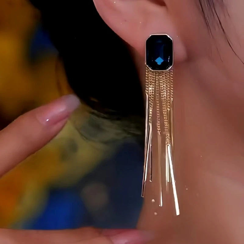 Close-up detail of the sparkling zircons and plating on the Blue Tassel Earrings