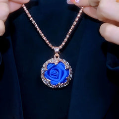 14K Gold-Plated Blue Rose Sweater Chain Necklace worn to showcase its length and pendant detail