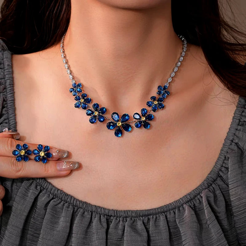 14K Gold-Plated Blue Zircon Diamond Flower Necklace And Earrings Set - beautiful Jewelry Set