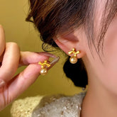 14K Gold-Plated Bow Bead Earrings - elegant Gold Bow Earrings