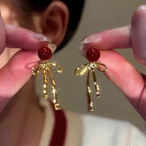 14K Gold-Plated Bow Pearl Earrings - elegant Red Bow Earrings
