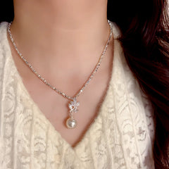 14K Gold-Plated Broken Silver Zircon Leaf Pearl Necklace - beautiful Leaf Pearl Necklace