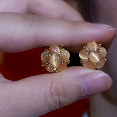 14K Gold-Plated Brown Cat's Eye Flower Earrings - elegant Cat's Eye Earrings