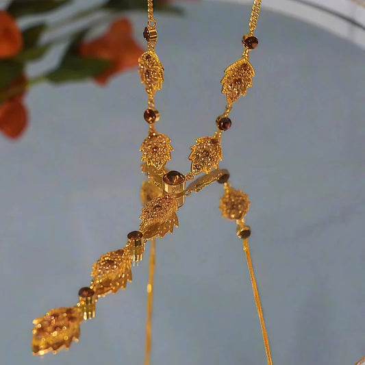 14K Gold-Plated Brown Diamond Leaf Tassel Earrings - beautiful Leaf Tassel Earrings