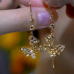 14K Gold-Plated Brown Zircon Diamond Butterfly Threader Tassel Earrings - elegant Butterfly Threader Earrings
