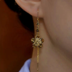 Model showcasing the dangle and style of the 14K Gold-Plated Brown Zircon Flower Threader Earrings