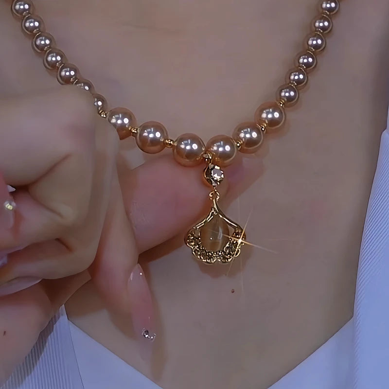 14K Gold-Plated Brown Zircon Ginkgo Diamond Leaf Pearl Necklace - beautiful Ginkgo Leaf Necklace