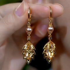 14K Gold-Plated Brown Zircon Jade Leaf Pearl Earrings - elegant Pearl Leaf Earrings